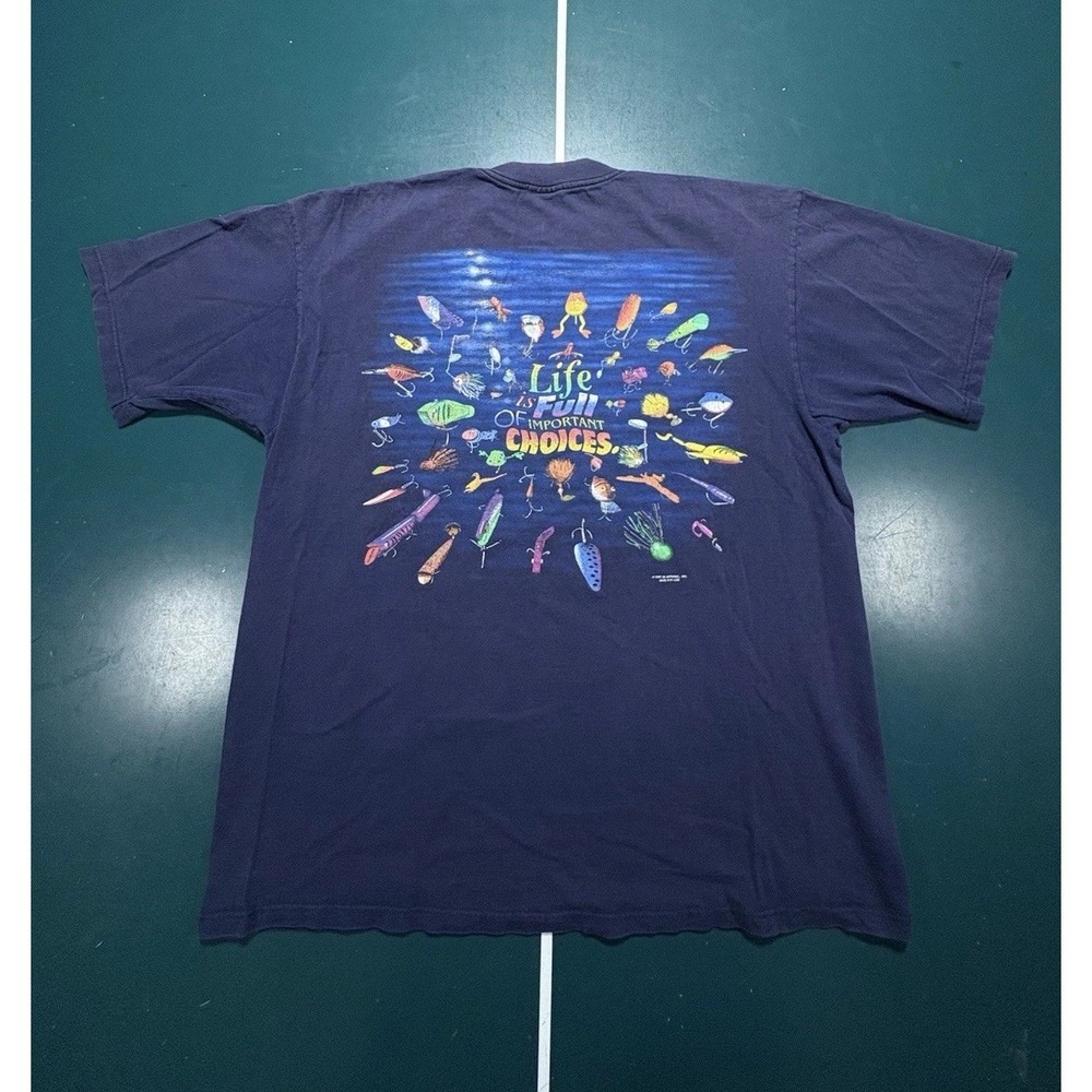 Vintage Fishing T Shirt Shirt Men's XL Fly Fishing Lures Graphic Tee Blue 90s
